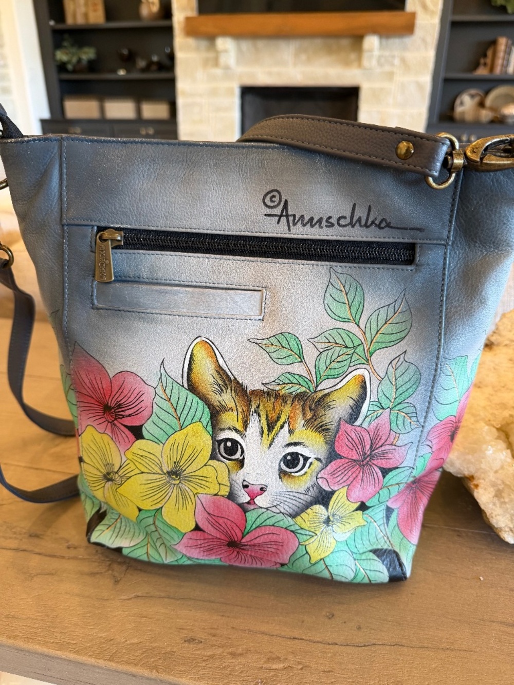 Anuschka Hand Painted Leather Handbag Cats Kittens Flowers Unique Fine Quality